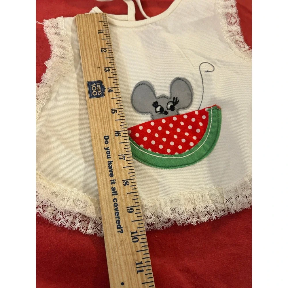 Vintage Antique Baby Bib Cream Linen Mouse Watermelon Pocket